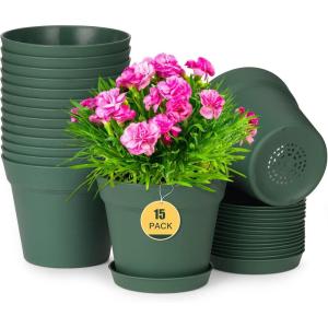 image:imagehomenote Pots for Plants 15 Pack 6 Inch Plastic Planters with Multiple Drainage Holes and TraysPlant Pots for All Home Garden Flowers Succulents WhiteGreen15 Pcs