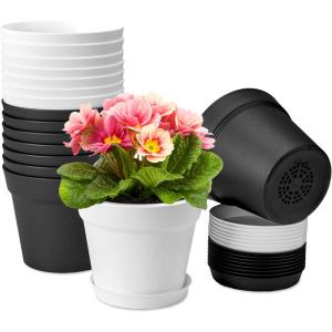image:imagehomenote Pots for Plants 15 Pack 6 Inch Plastic Planters with Multiple Drainage Holes and TraysPlant Pots for All Home Garden Flowers Succulents WhiteWhite  Black16 Pcs