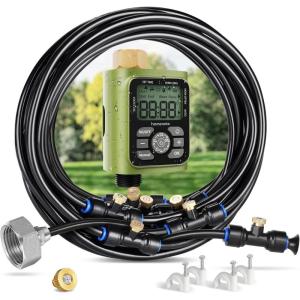image:imageHOMENOTE Misting Cooling System with Timer 26FT Misting Hose7 Brass Nozzles34 Brass AdapterWater Timer with Mist Mode amp Irrigation Mode Outdoor Misters for Patio Cooling and Garden Watering26FT  8M