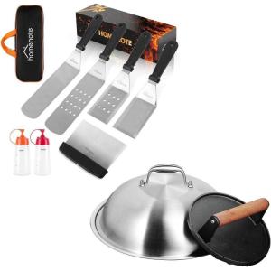 image:imagehomenote Griddle Accessories Kit 7Pieces Exclusive Griddle Tools LongShort Spatulas Set12 Inch Heavy Duty Round Basting Cover Cheese Melting Dome with 7 inch Round Cast Iron Burger Bacon Press