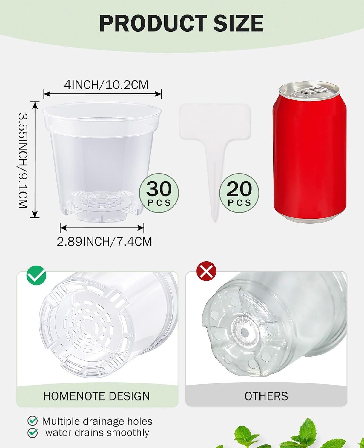 image:imagehomenote 34 Inch Clear Nursery Pots with Drainage Holes and Tags 20 Pcs  Reusable plastic planters have raised bases for airflow and transplanting ideal for seed starting cuttings and succulentsTransparencyno Lid