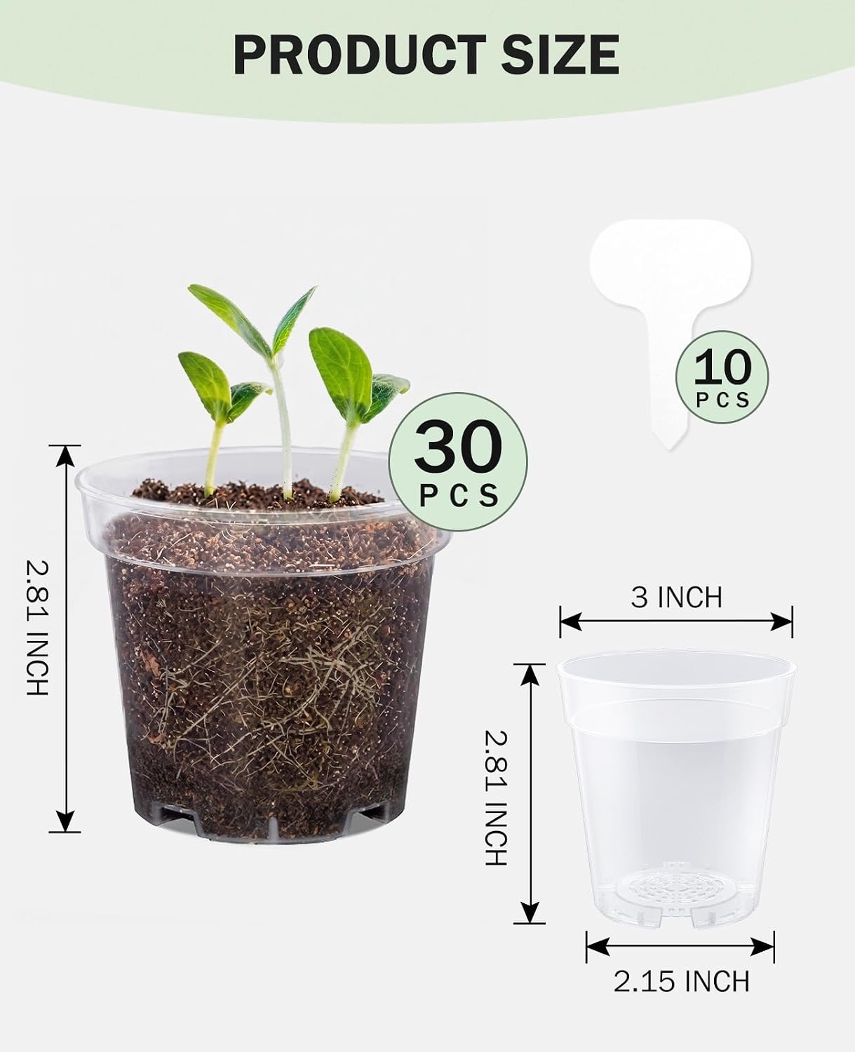 image:imagehomenote 34 Inch Clear Nursery Pots with Drainage Holes and Tags 20 Pcs  Reusable plastic planters have raised bases for airflow and transplanting ideal for seed starting cuttings and succulentsTransparencyno Lid