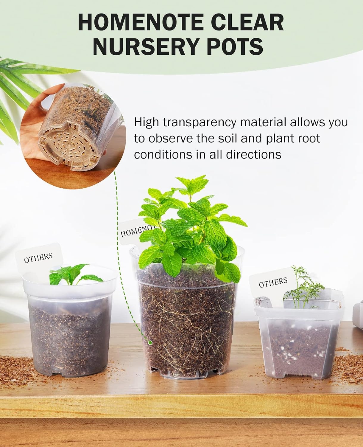 image:imagehomenote 34 Inch Clear Nursery Pots with Drainage Holes and Tags 20 Pcs  Reusable plastic planters have raised bases for airflow and transplanting ideal for seed starting cuttings and succulentsTransparencyno Lid