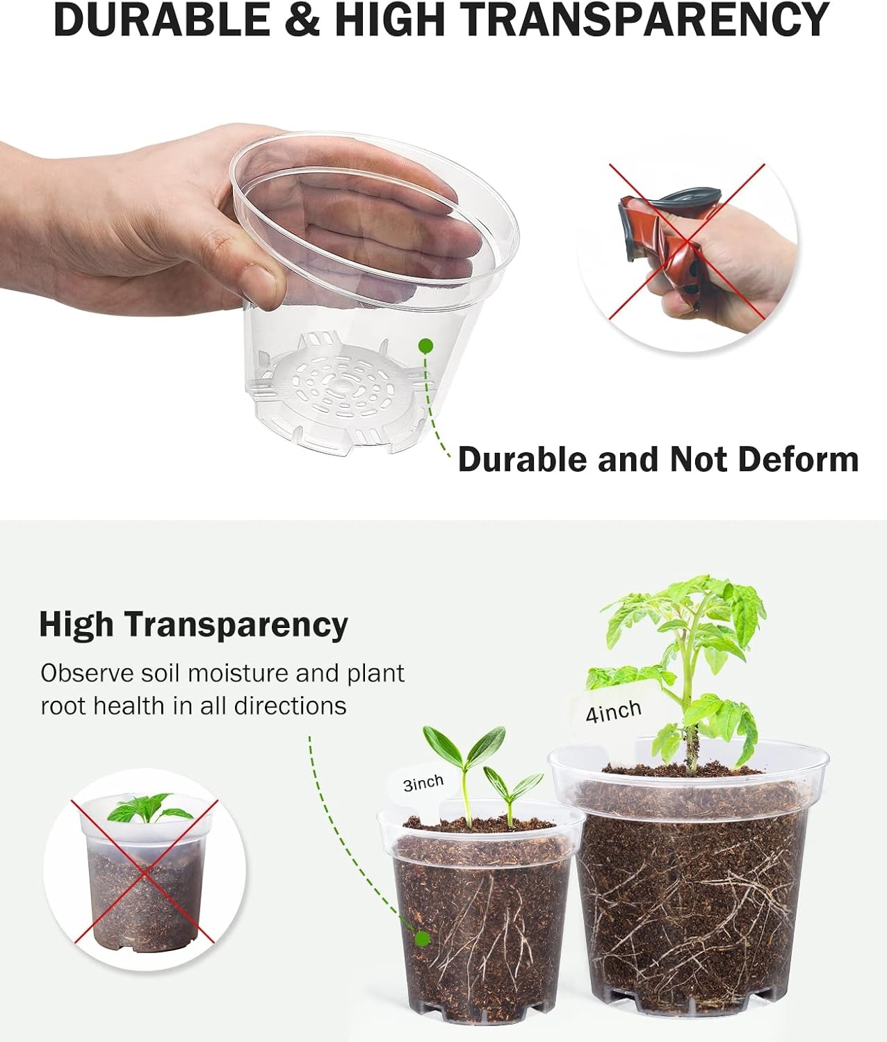 image:imagehomenote 34 Inch Clear Nursery Pots with Drainage Holes and Tags 20 Pcs  Reusable plastic planters have raised bases for airflow and transplanting ideal for seed starting cuttings and succulentsTransparencyno Lid