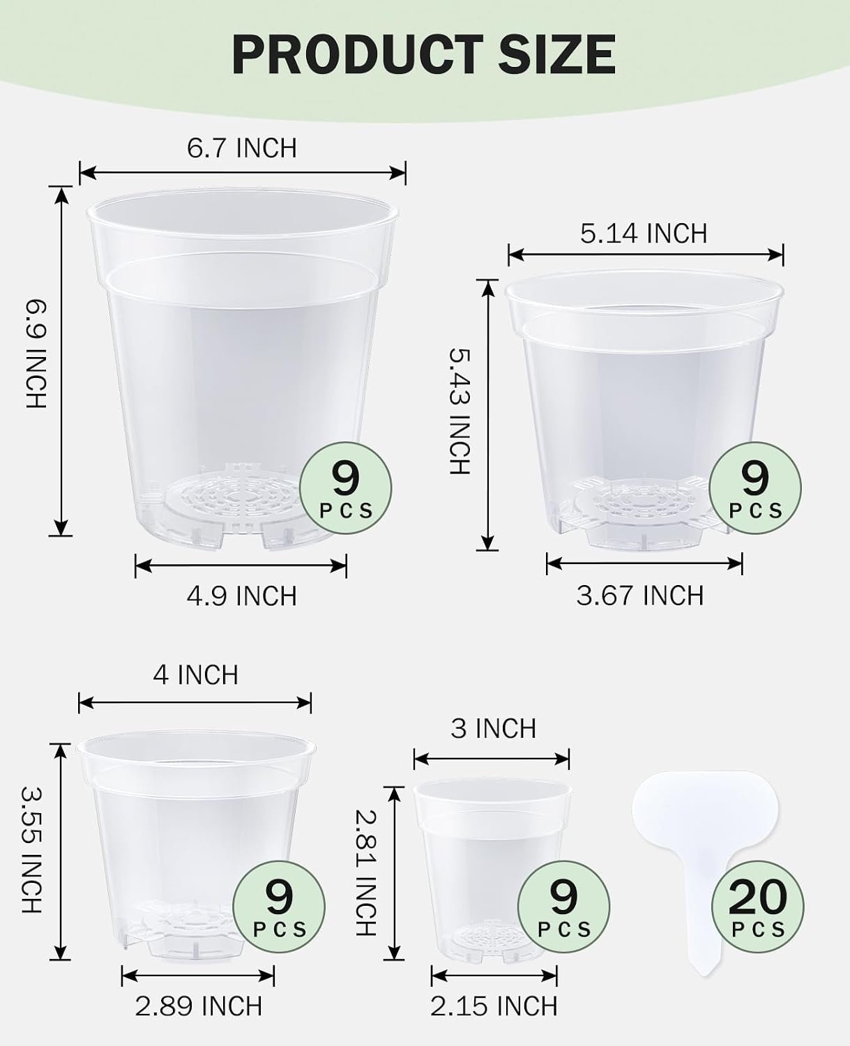 image:imagehomenote 34 Inch Clear Nursery Pots with Drainage Holes and Tags 20 Pcs  Reusable plastic planters have raised bases for airflow and transplanting ideal for seed starting cuttings and succulentsTransparencyno Lid