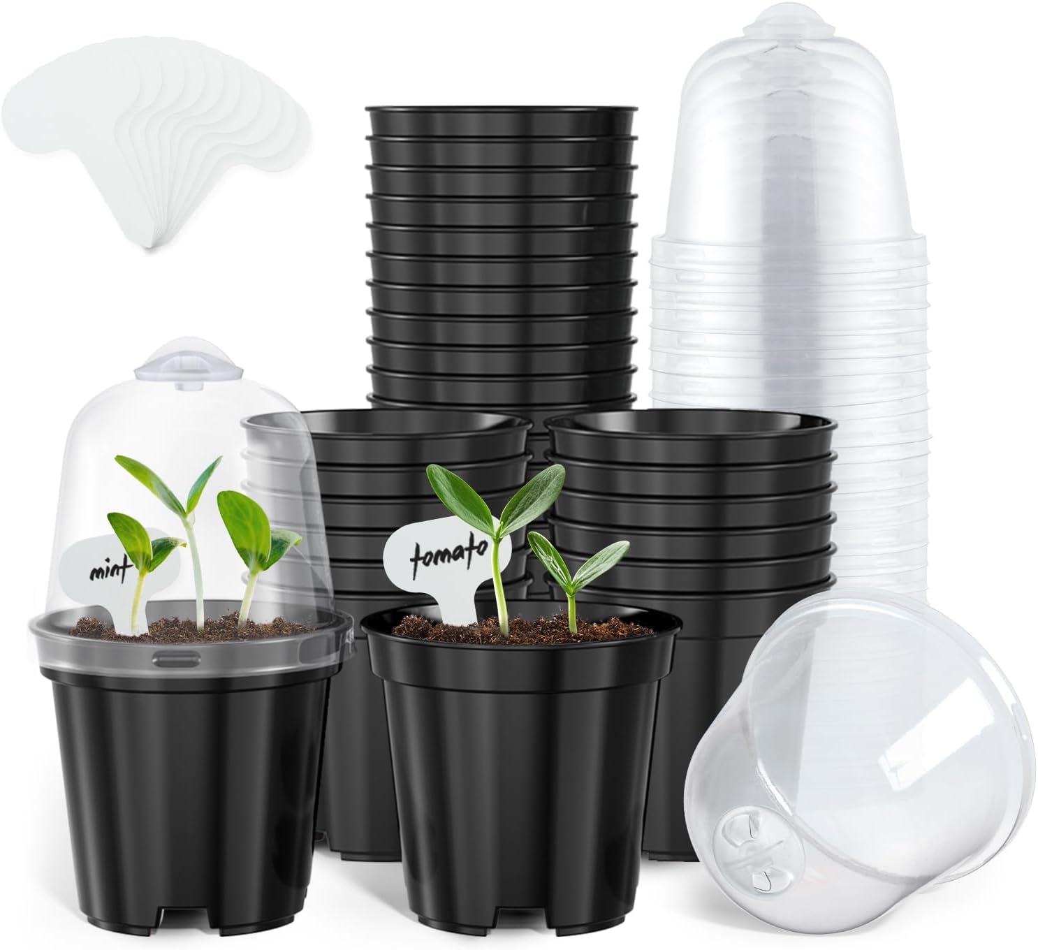 image:imagehomenote 34 Inch Clear Nursery Pots with Drainage Holes and Tags 20 Pcs  Reusable plastic planters have raised bases for airflow and transplanting ideal for seed starting cuttings and succulentsBlackwith Lid