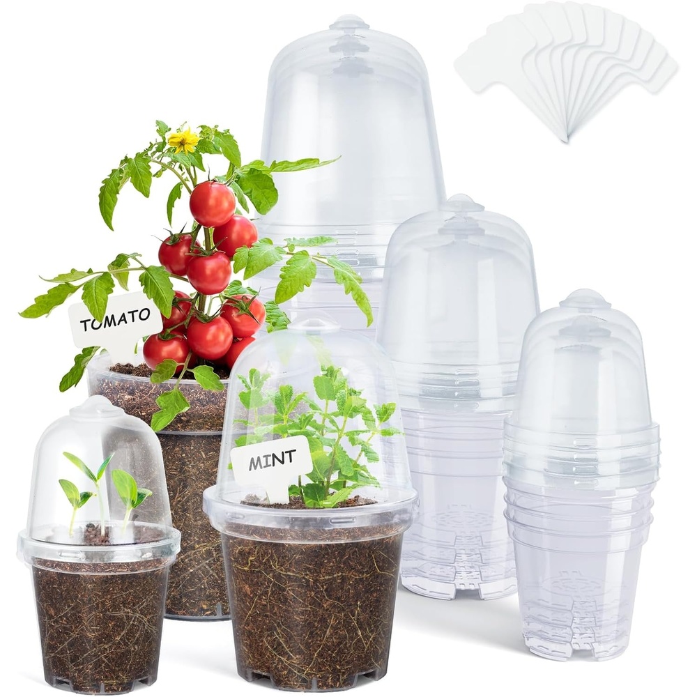 image:imagehomenote 34 Inch Clear Nursery Pots with Drainage Holes and Tags 20 Pcs  Reusable plastic planters have raised bases for airflow and transplanting ideal for seed starting cuttings and succulentsTransparencywith Lid